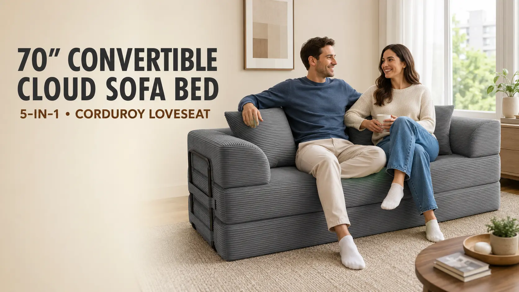 Man and woman seated on a gray 70-inch five-in-one convertible corduroy sofa bed