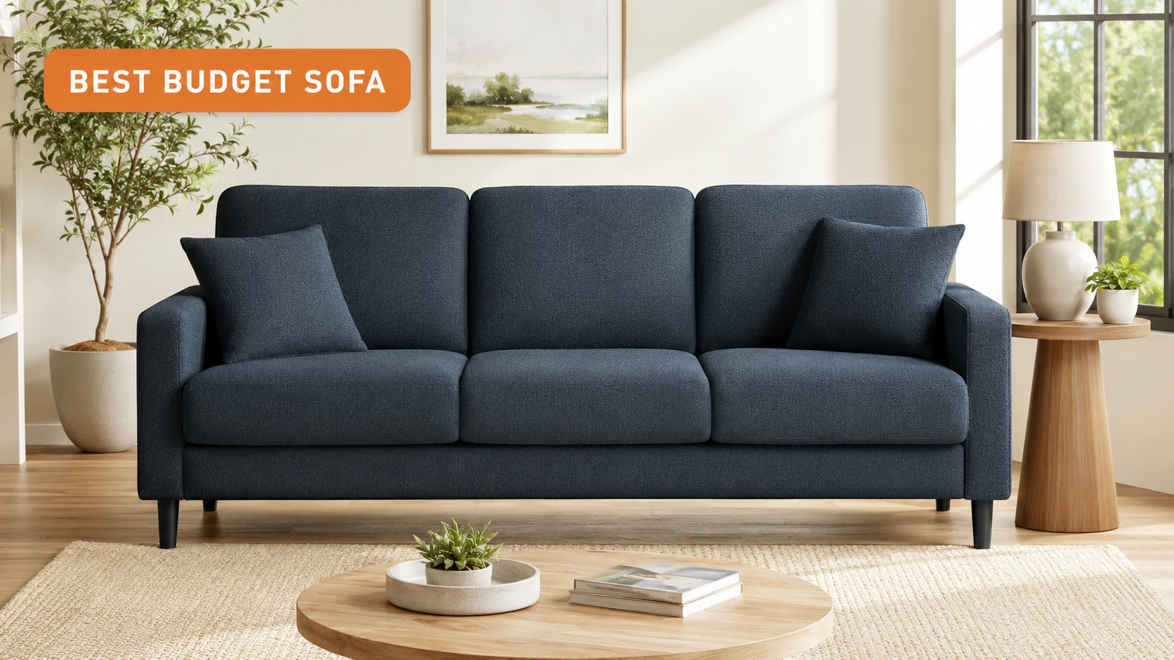 Blue-grey Welzona 83-inch Teddy sofa couch in a bright modern living room
