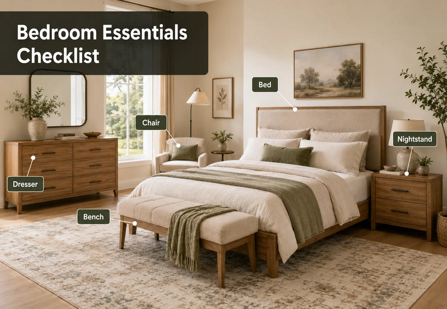 Essential bedroom furniture including bed dresser nightstand and chair