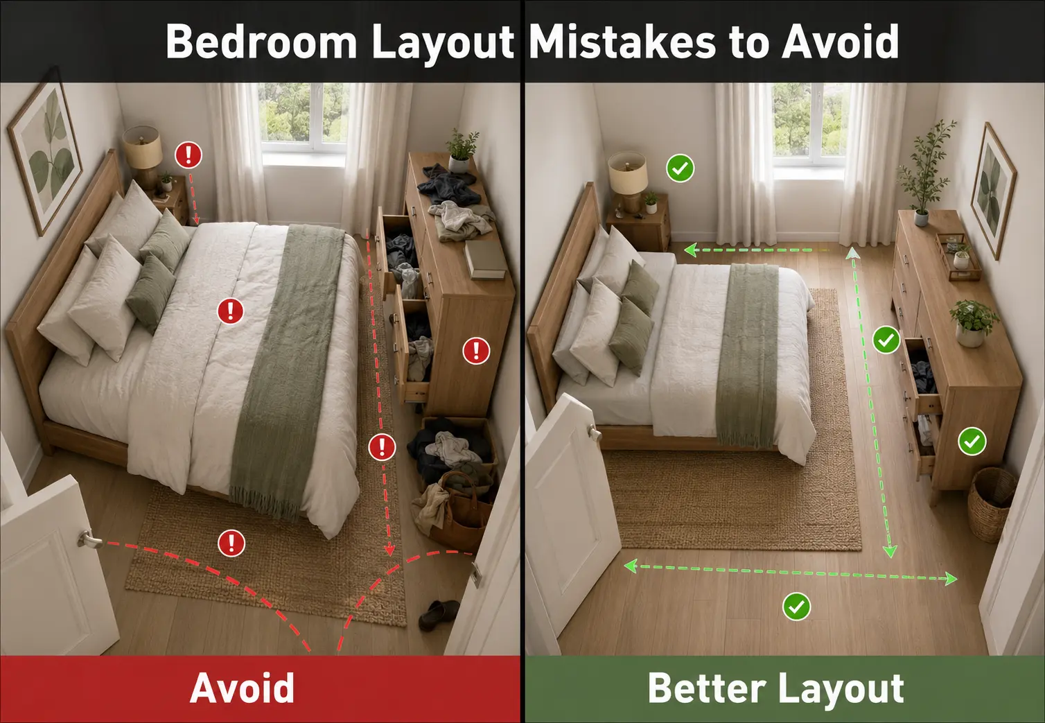 Poor bedroom furniture layout compared with a functional room arrangement