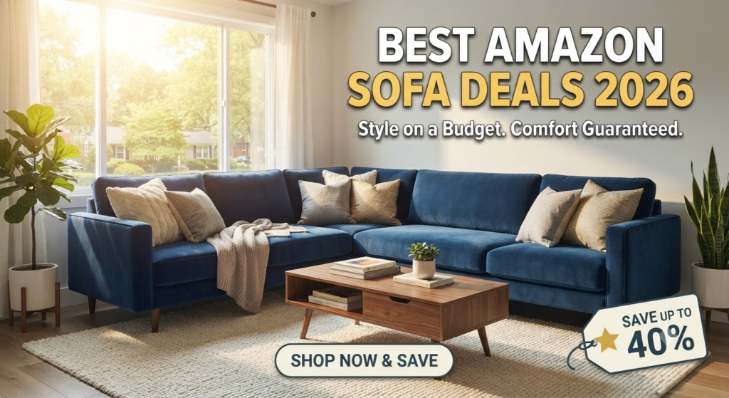 Modern blue sectional sofa in a living room representing best Amazon sofa deals 2026