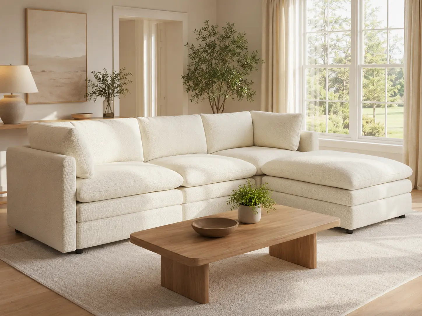 Cream modular sectional sofa in a bright modern American living room