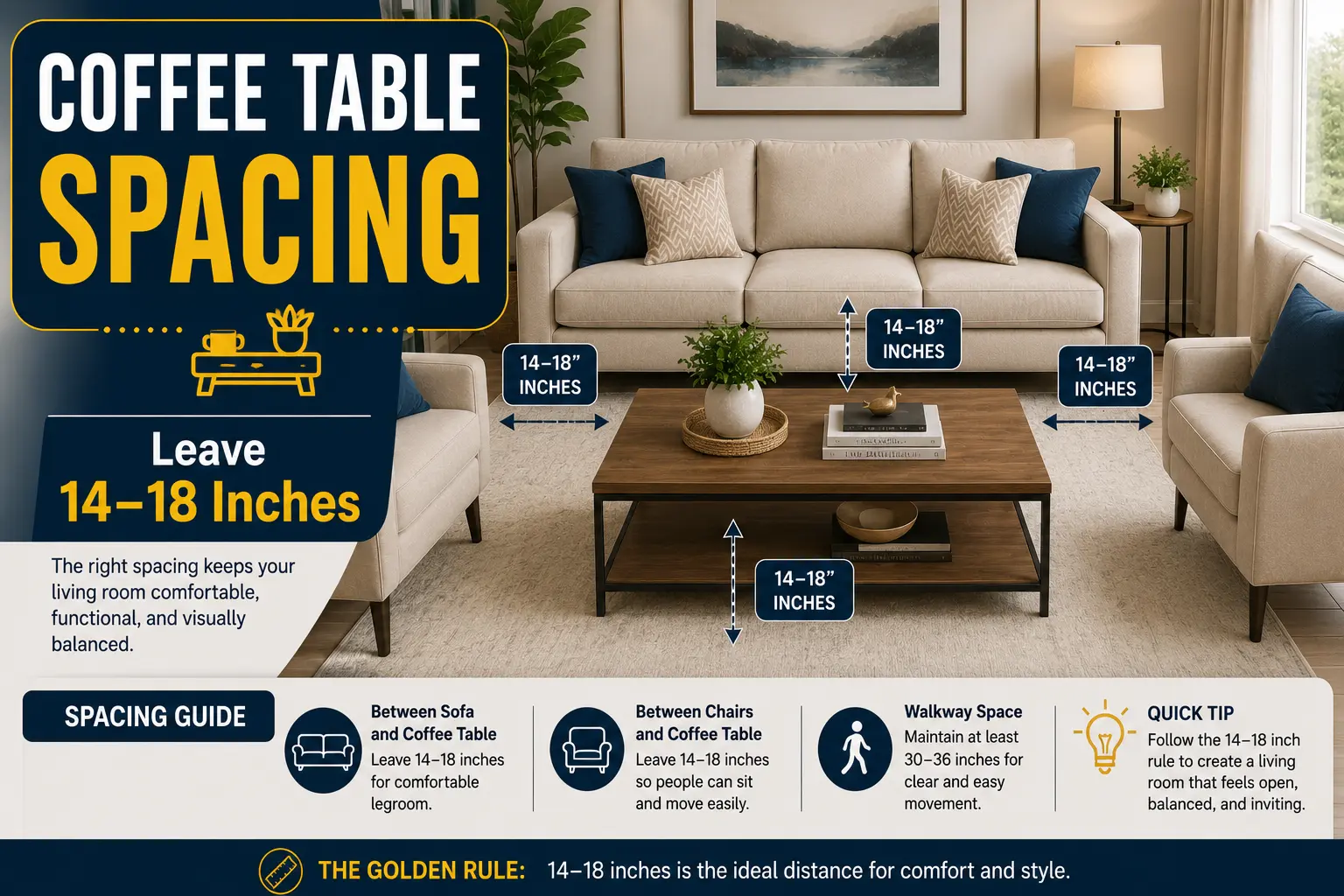 Coffee table spacing guide showing the recommended 14 to 18 inches between the sofa and coffee table.