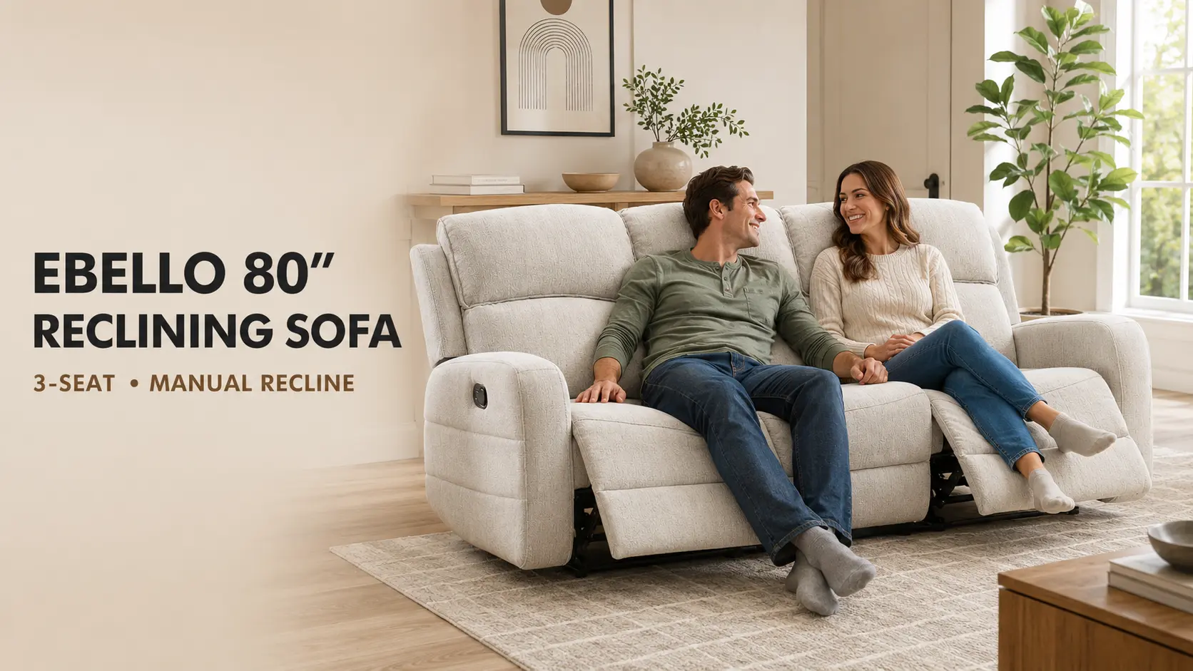 Man and woman seated on an EBELLO 80-inch three-seat manual reclining sofa