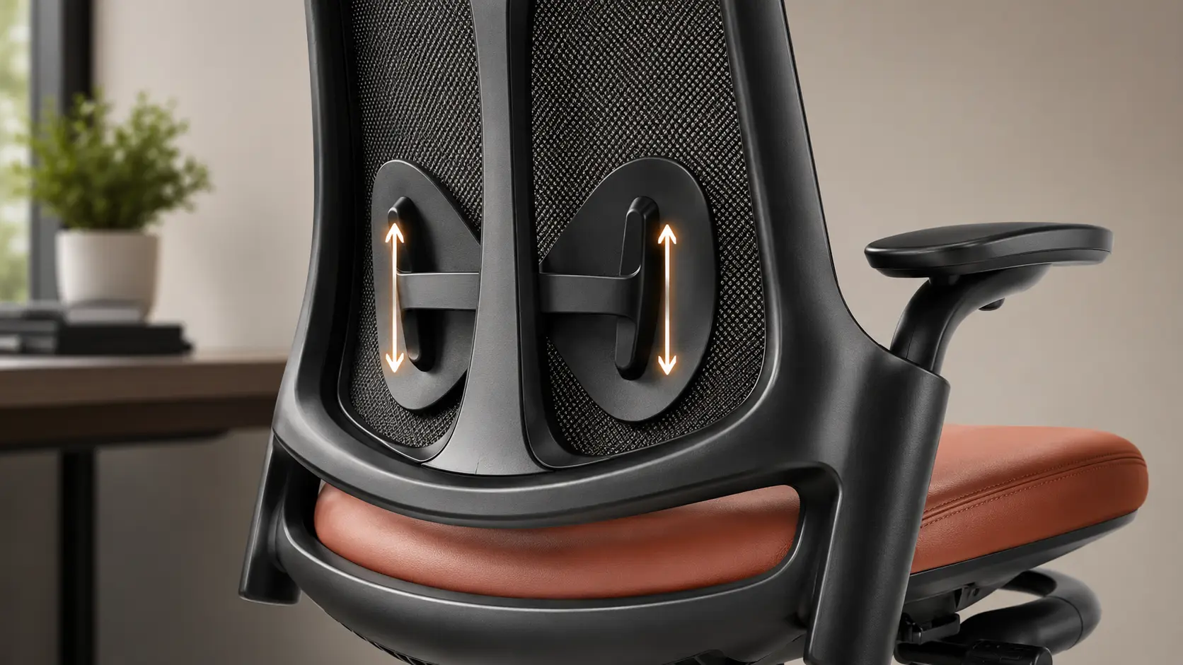 Close-up of adjustable lumbar support on a leather ergonomic office chair