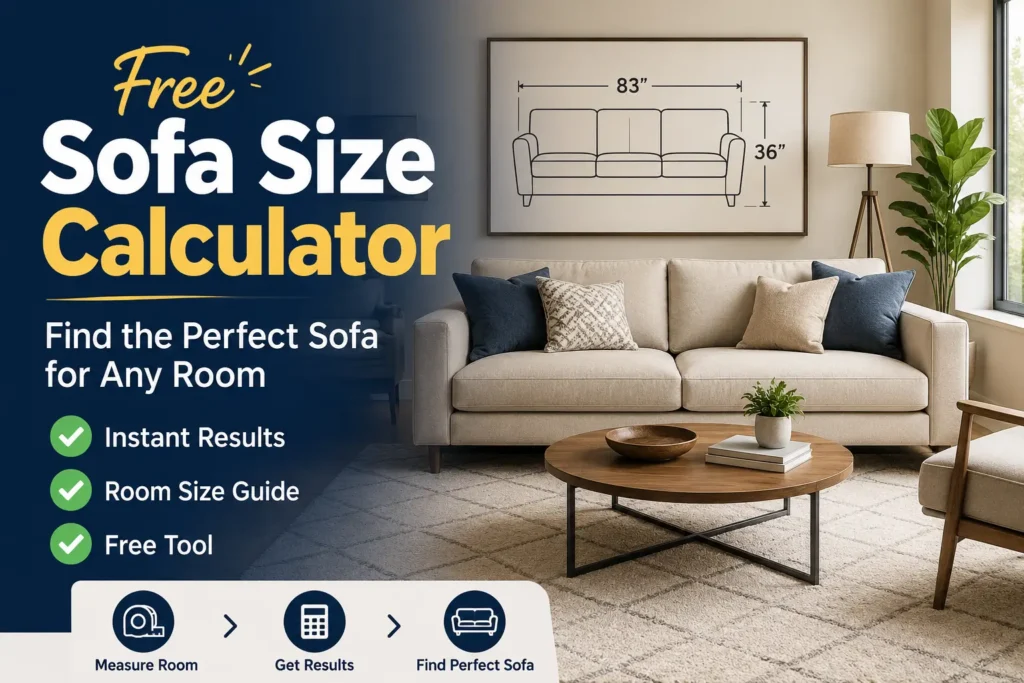Free Sofa Size Calculator helping homeowners find the perfect sofa size for any living room with instant room size recommendations.