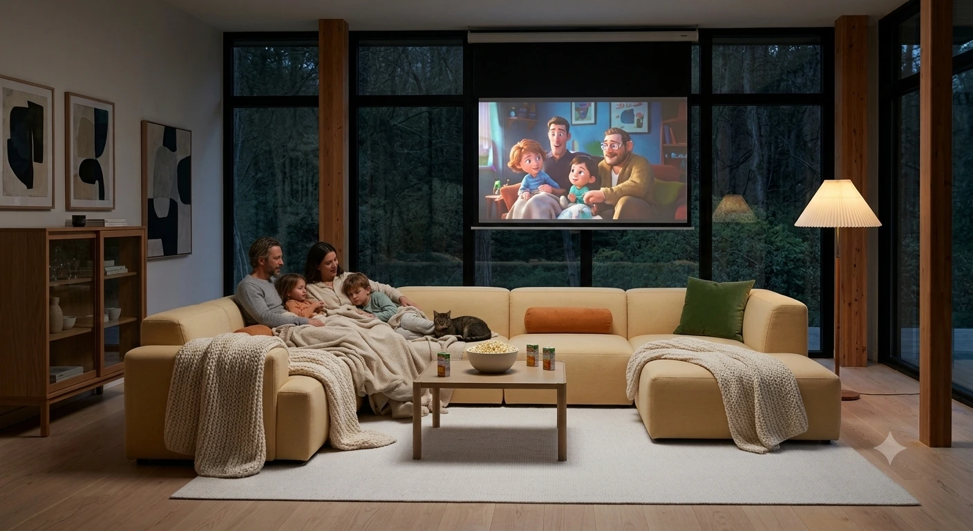 A family relaxing on a cream-colored HAY Quilton modular sectional sofa during a movie night.