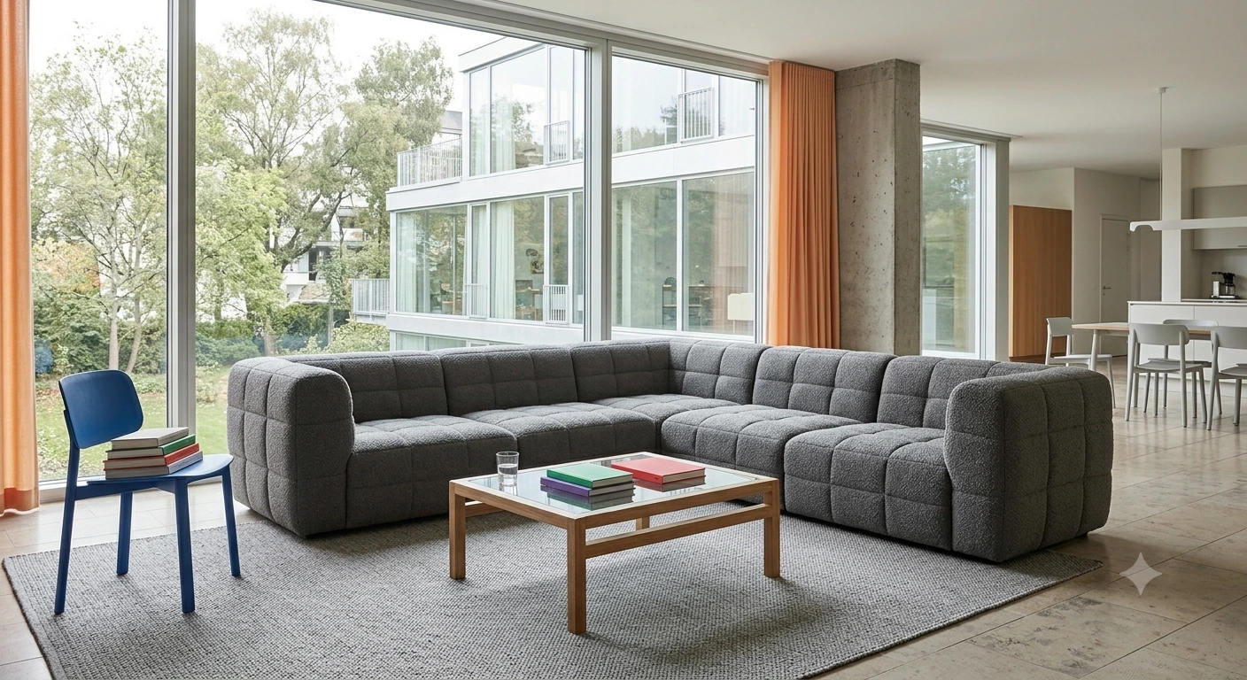 A modern open-concept living room featuring a gray HAY Quilton modular sofa system.