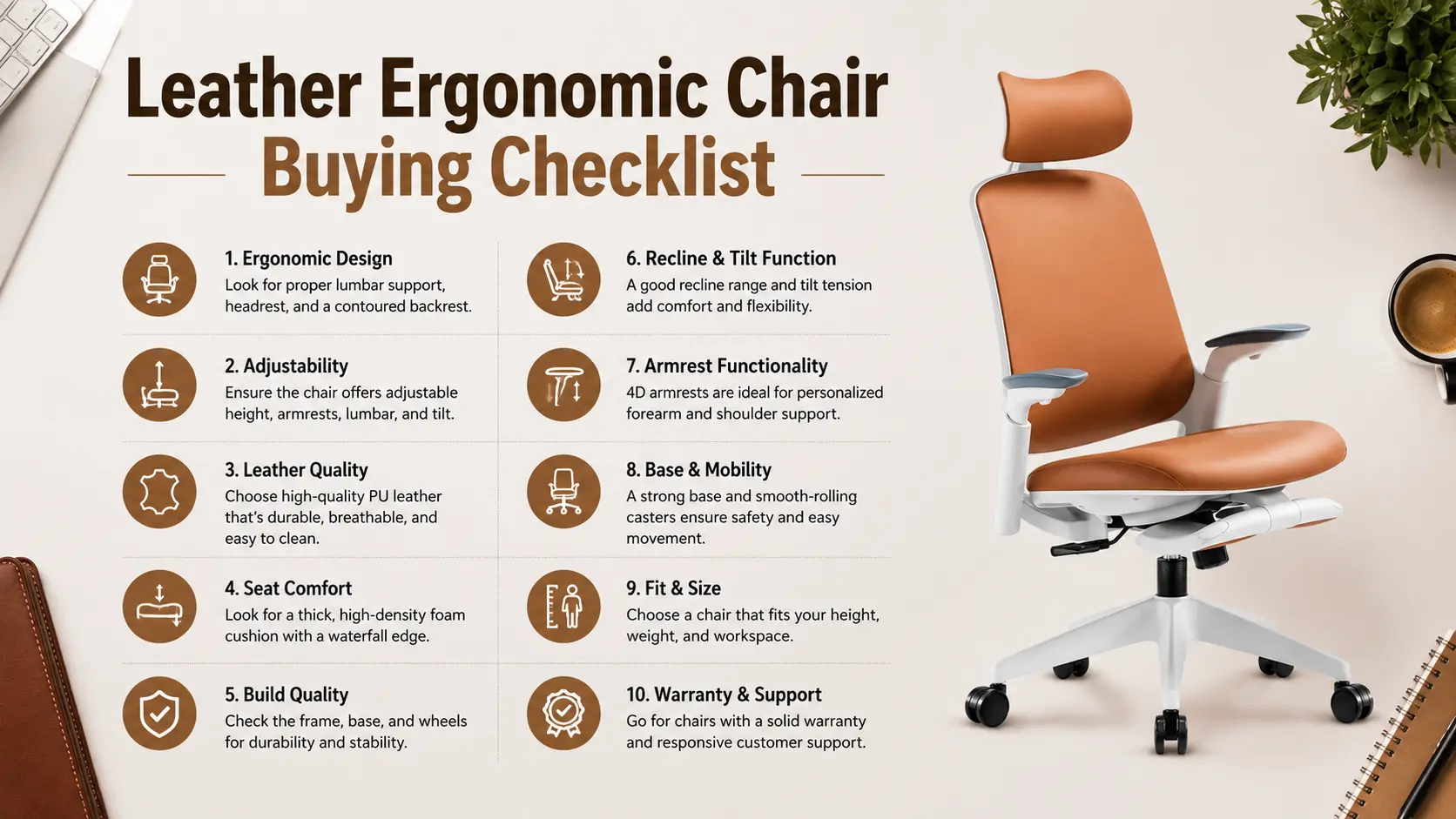 Buying checklist graphic for choosing a leather ergonomic office chair