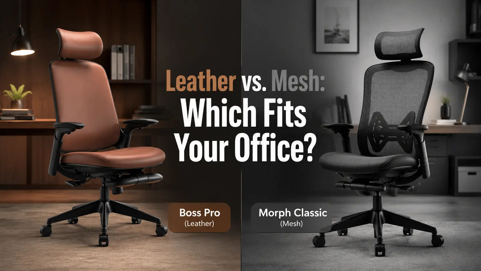 Side-by-side comparison of a leather office chair and a mesh ergonomic office chair