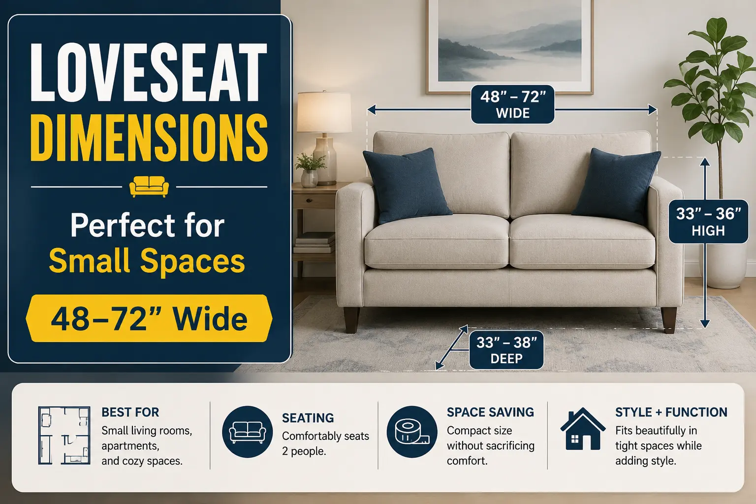 Loveseat dimensions infographic showing a standard loveseat measuring 48 to 72 inches wide for apartments and small living rooms.