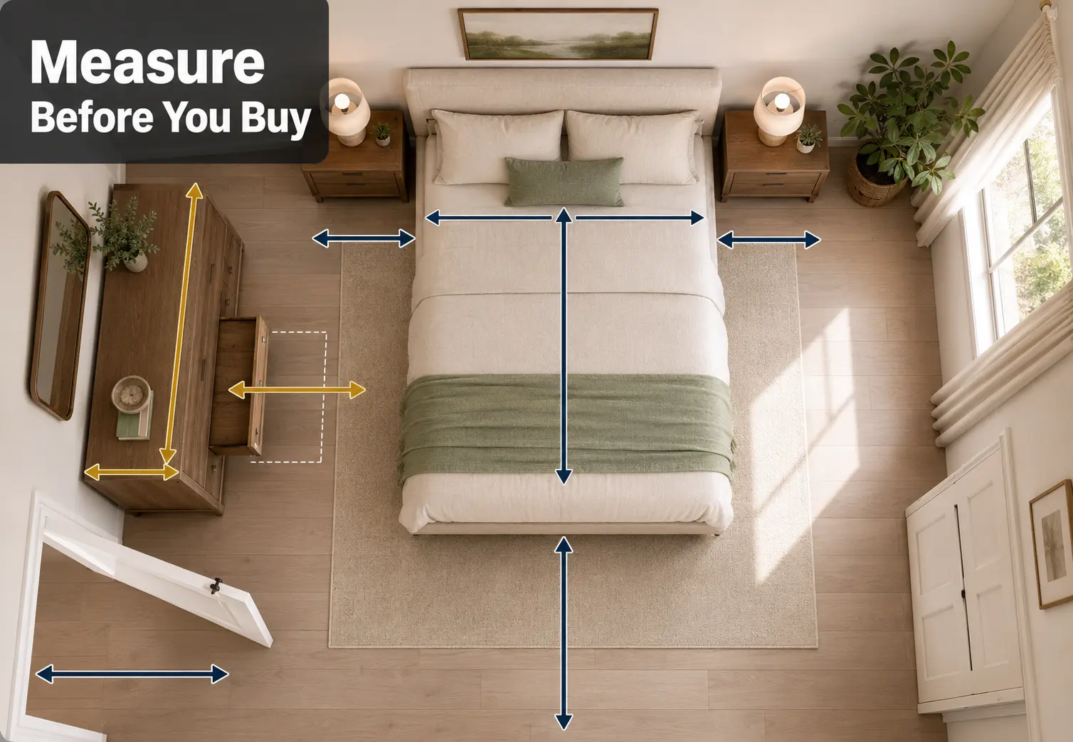 Bedroom furniture measurement guide showing bed and walking clearance