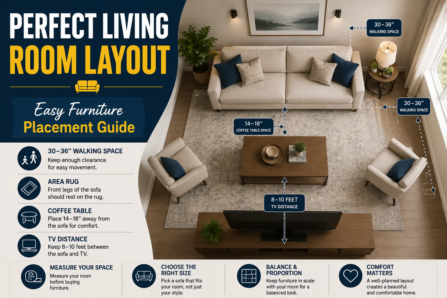 Living room layout showing proper furniture placement, walking space, and sofa arrangement.