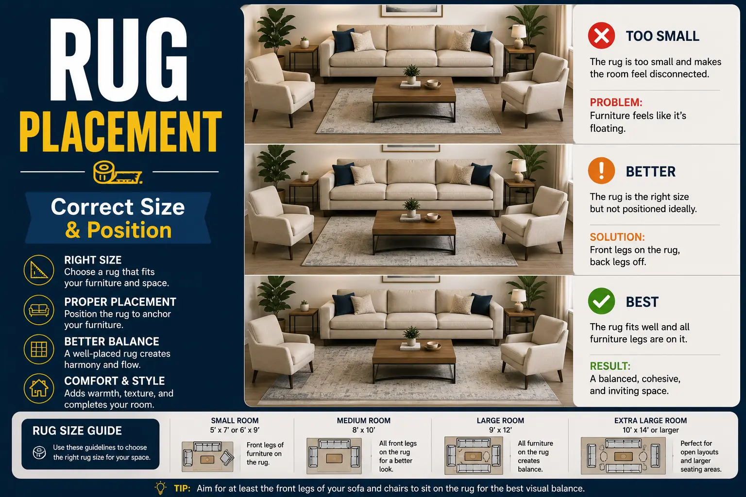 Rug placement guide showing correct rug size and positioning for sofas and living room furniture.