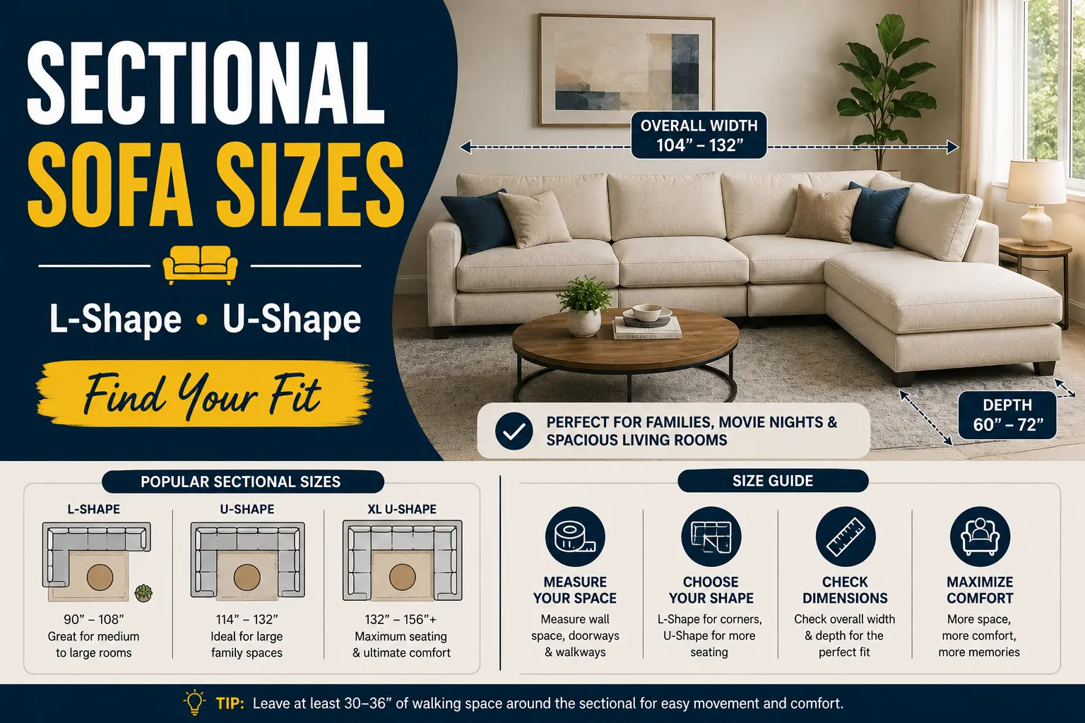 Sectional sofa size guide comparing L-shaped and U-shaped sectional dimensions for different room sizes.