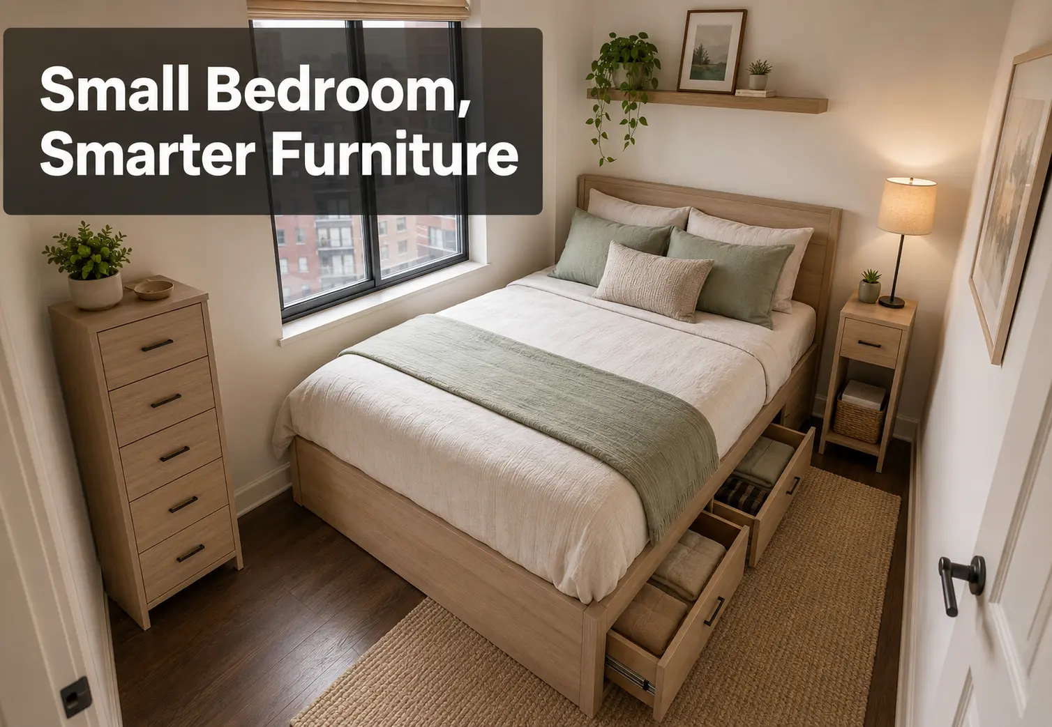 Space-saving furniture arrangement for a small bedroom