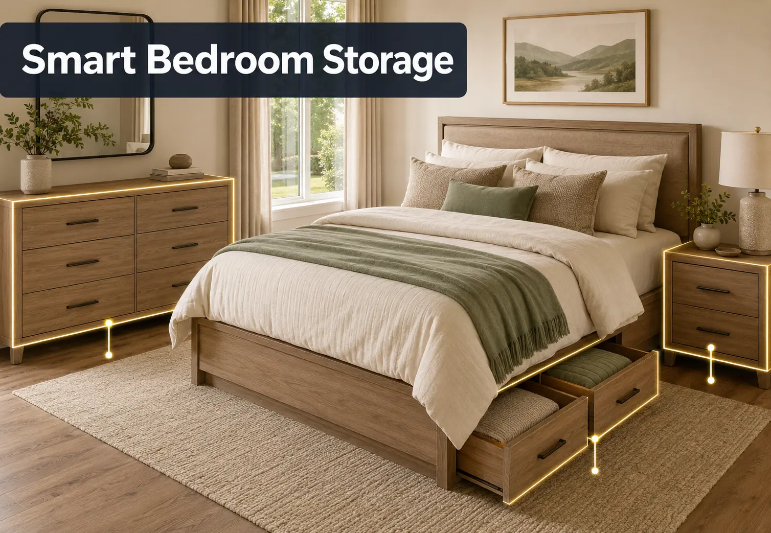 Bedroom storage ideas with dresser nightstand and under-bed drawers