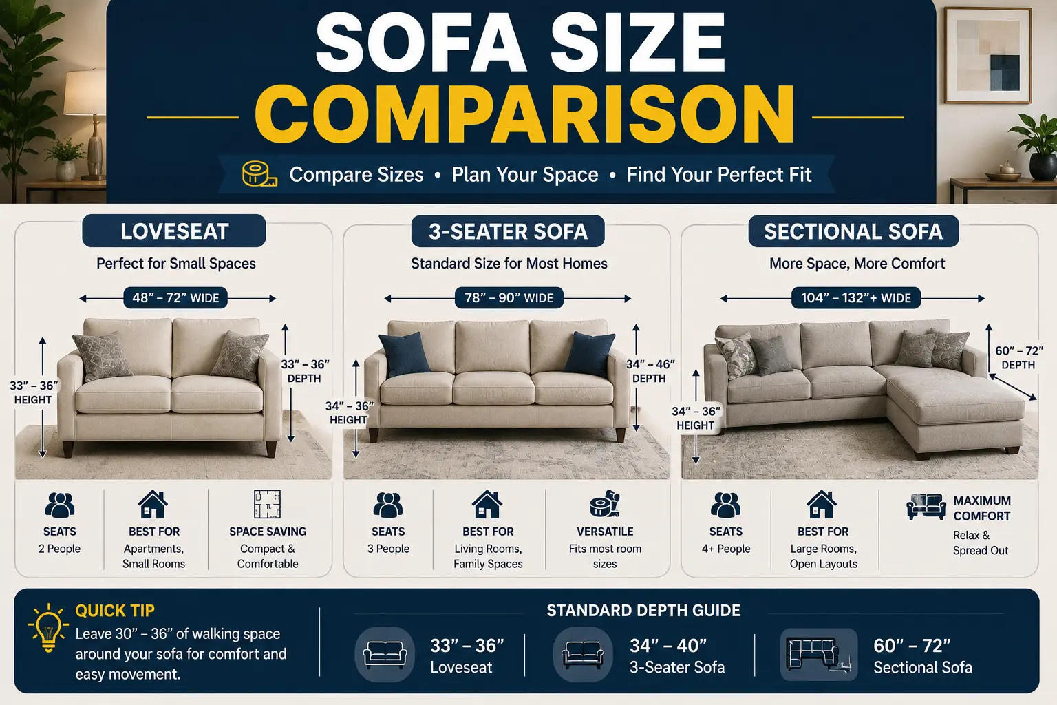 Comparison chart showing loveseat, standard sofa, and sectional sofa dimensions.
