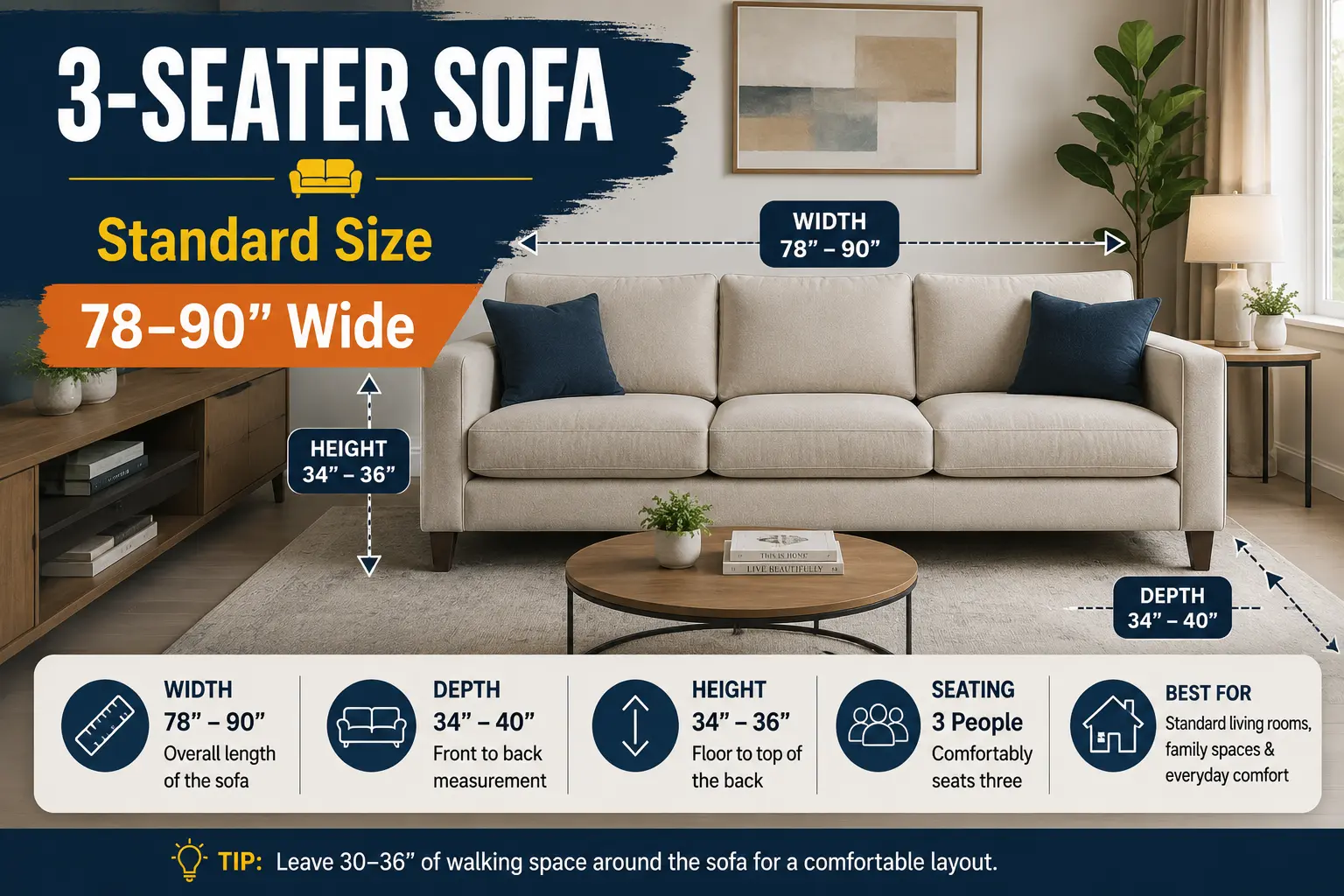Standard 3-seater sofa dimensions showing recommended width between 78 and 90 inches.