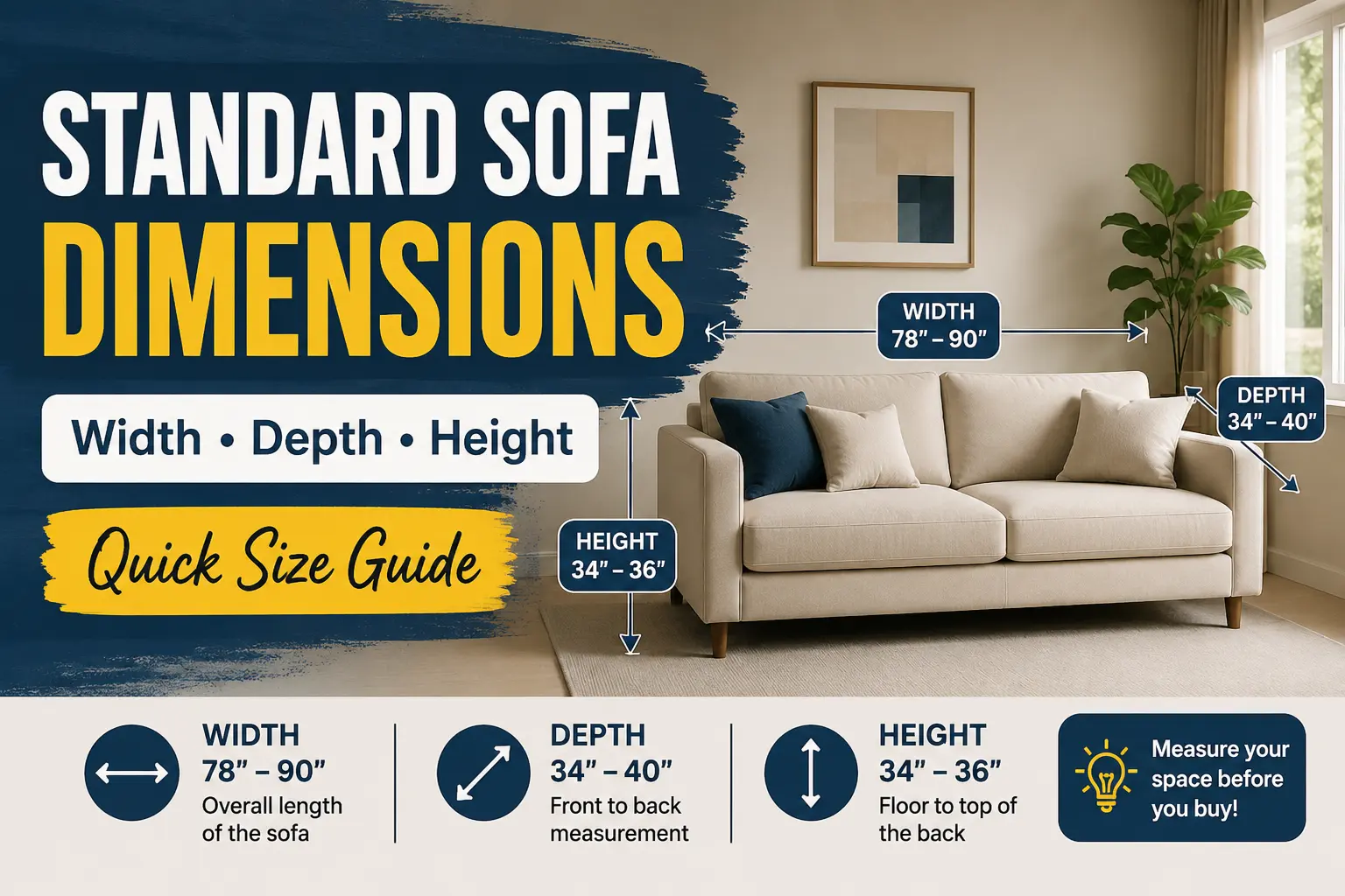 Standard sofa dimensions showing typical width, depth, and height measurements for living room sofas.