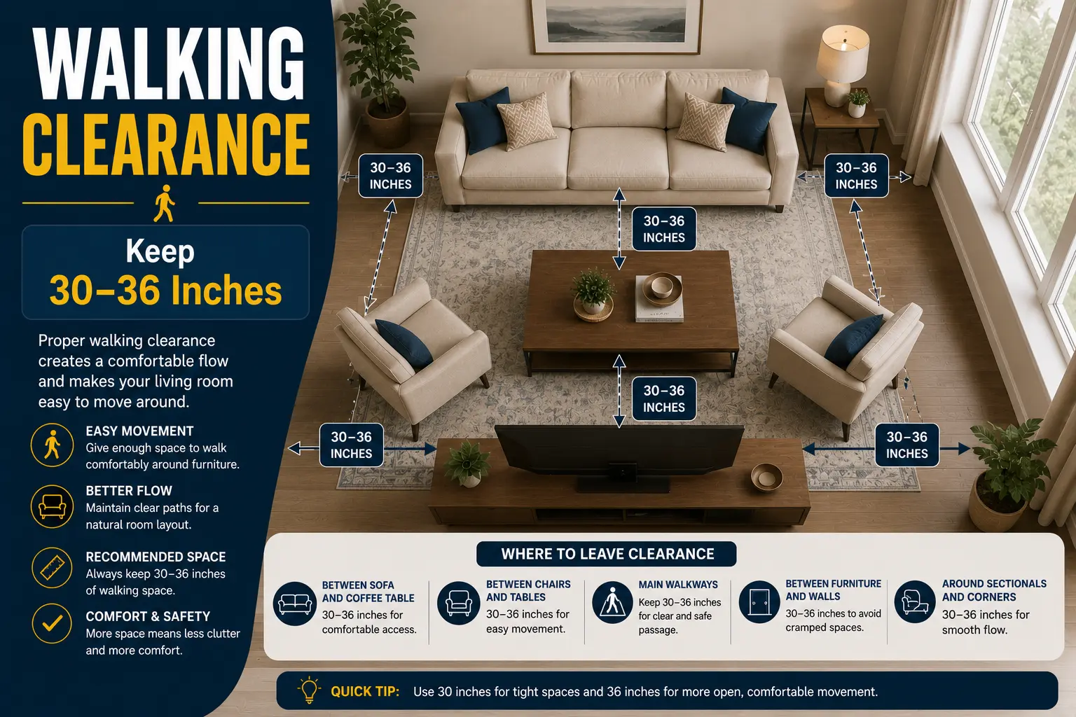 Walking clearance guide showing the recommended 30 to 36 inches of space around sofas and furniture.