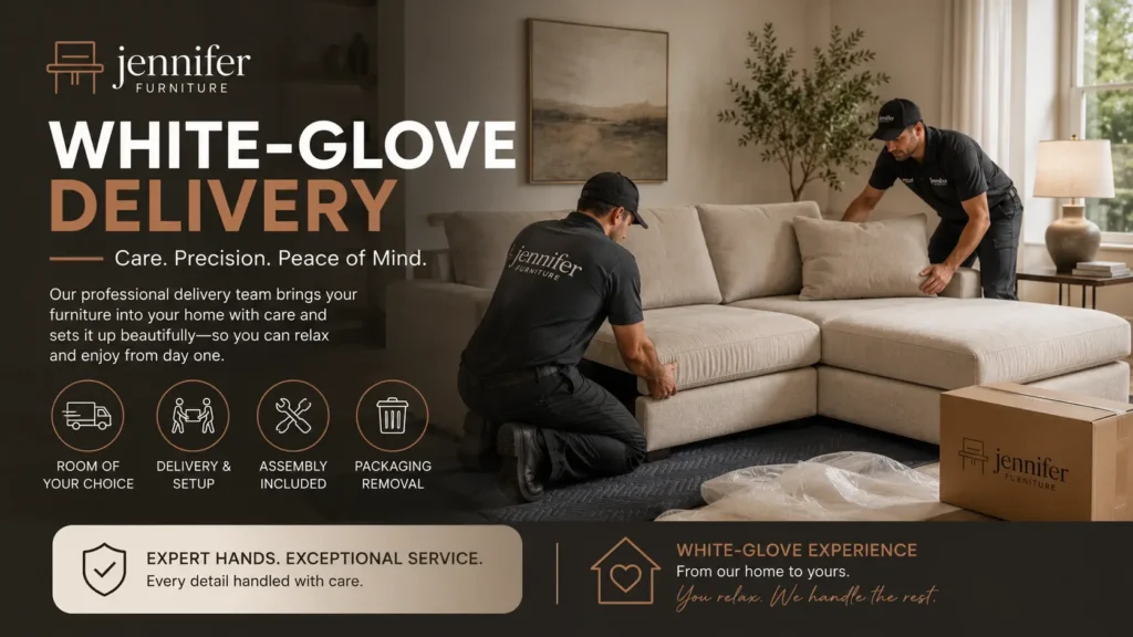 White-glove furniture delivery team assembling a sofa