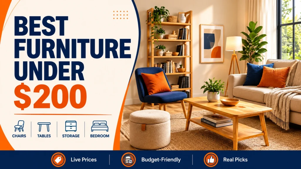 Best furniture under $200 in 2026, featuring an affordable living room with a sofa, accent chair, coffee table, and storage.
