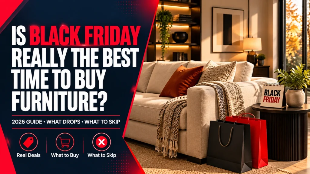 Black Friday furniture shopping with a beige sofa and seasonal sale decorations