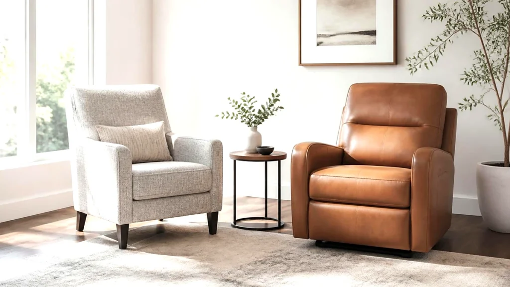 Ashley chair deals: grey fabric accent chair and cognac faux leather recliner in a bright living room