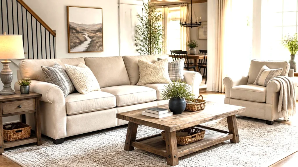 Ashley Furniture review: beige sofa, accent chair and rustic wood coffee table in a bright farmhouse living room