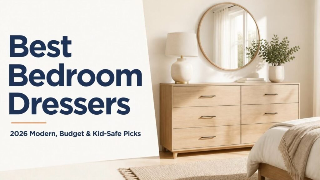 Best bedroom dressers: light wood six-drawer dresser with a round mirror in a bright bedroom