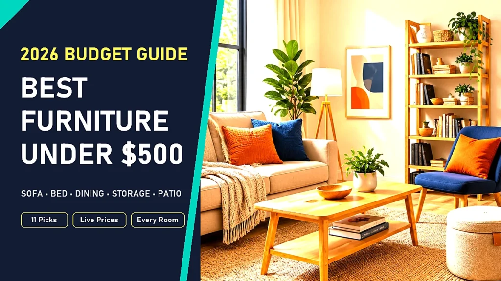 Best furniture under $500: bright living room with a beige sofa, wood coffee table, bookshelf and blue accent chair
