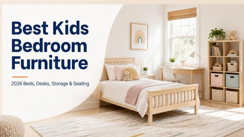 Best kids bedroom furniture 2026: bright kids room with a wood twin bed, desk and toy storage shelves