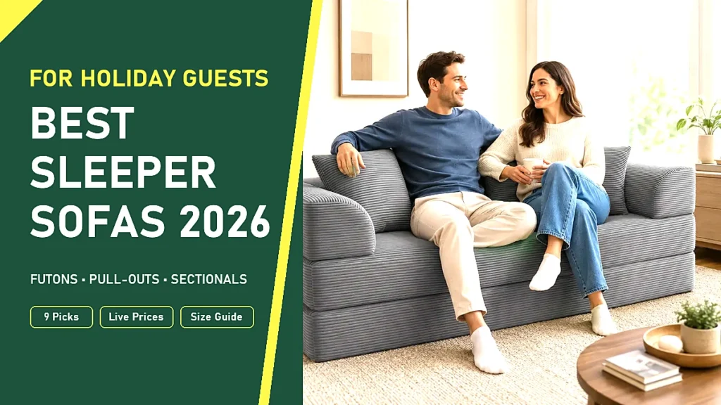 Best sleeper sofa for holiday guests: couple relaxing on a grey convertible sofa bed in a bright living room