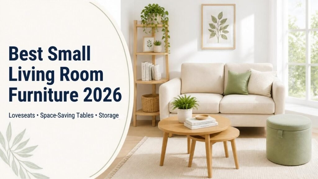 Bright small living room with a cream loveseat, nesting coffee tables, storage ottoman and corner shelf