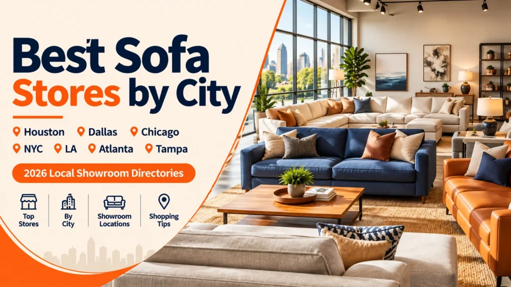 Best sofa stores by city in 2026 with a selection of sofas in a modern furniture showroom