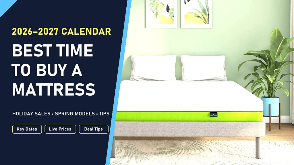 Best time to buy a mattress: white hybrid mattress on a platform bed in a bright sage-green bedroom