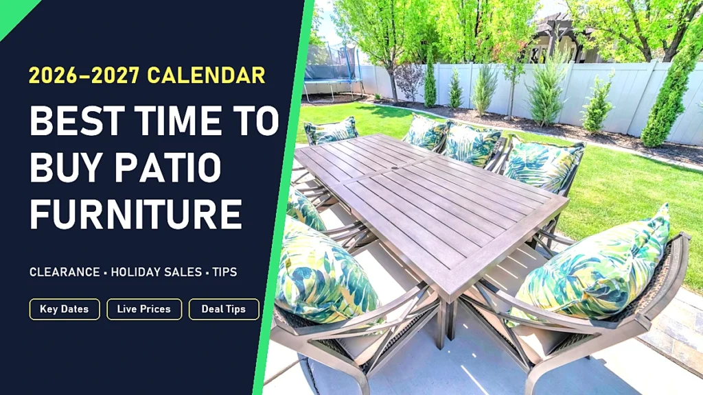 Best time to buy patio furniture: outdoor dining set with tropical cushions on a sunny patio