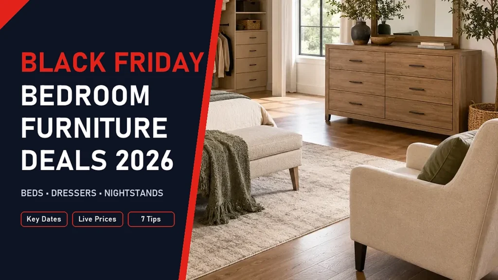 Black Friday bedroom furniture deals 2026: bright bedroom with a wood dresser, upholstered bench and accent chair
