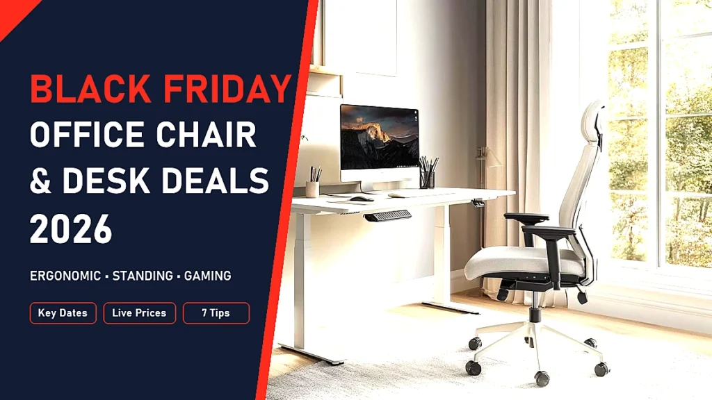 Black Friday office chair deals 2026: bright home office with a white standing desk and an ergonomic chair