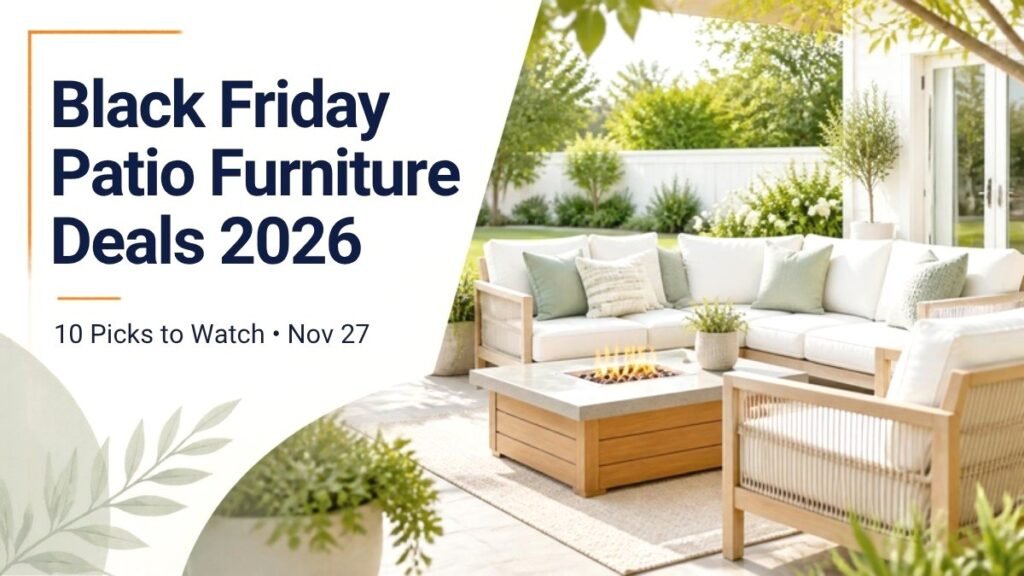 Black Friday patio furniture deals 2026 with a bright patio sectional and fire pit table