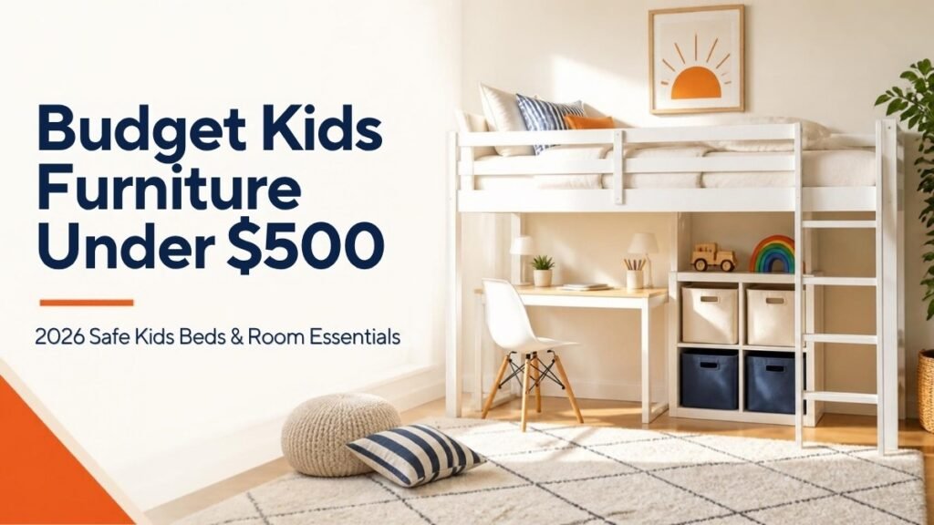 Budget kids furniture under $500: white low loft bed with desk and toy storage bins in a bright kids room