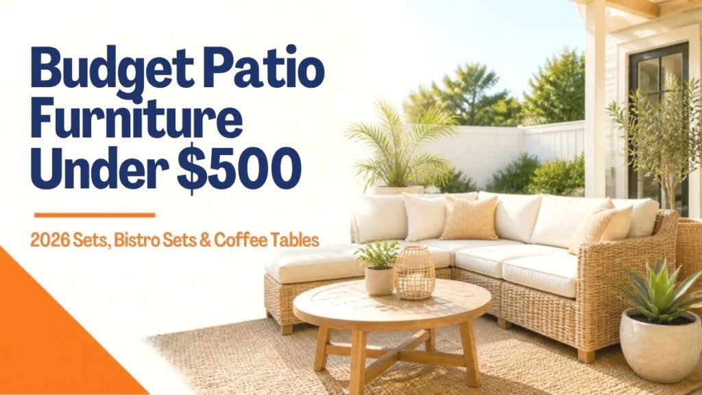 Budget patio furniture under $500: wicker outdoor sectional with cream cushions and a round wood coffee table on a sunny patio