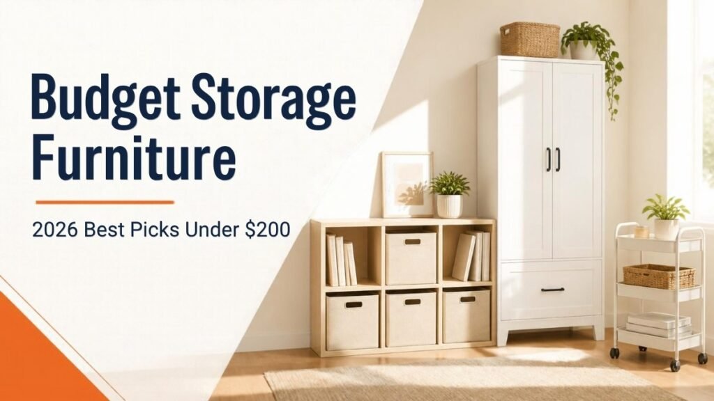 Budget storage furniture: white storage cabinet, cube shelf with fabric bins and a rolling cart in a bright room