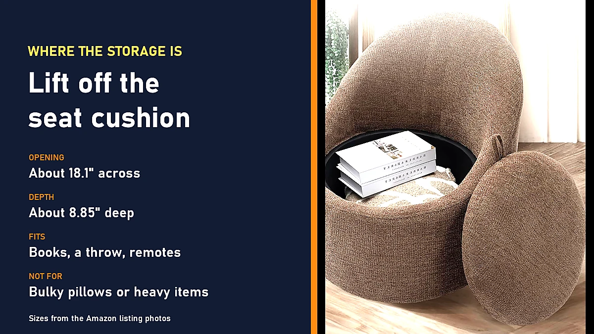 Colamy swivel chair with storage: the seat cushion lifts off to reveal a round compartment holding books and a throw