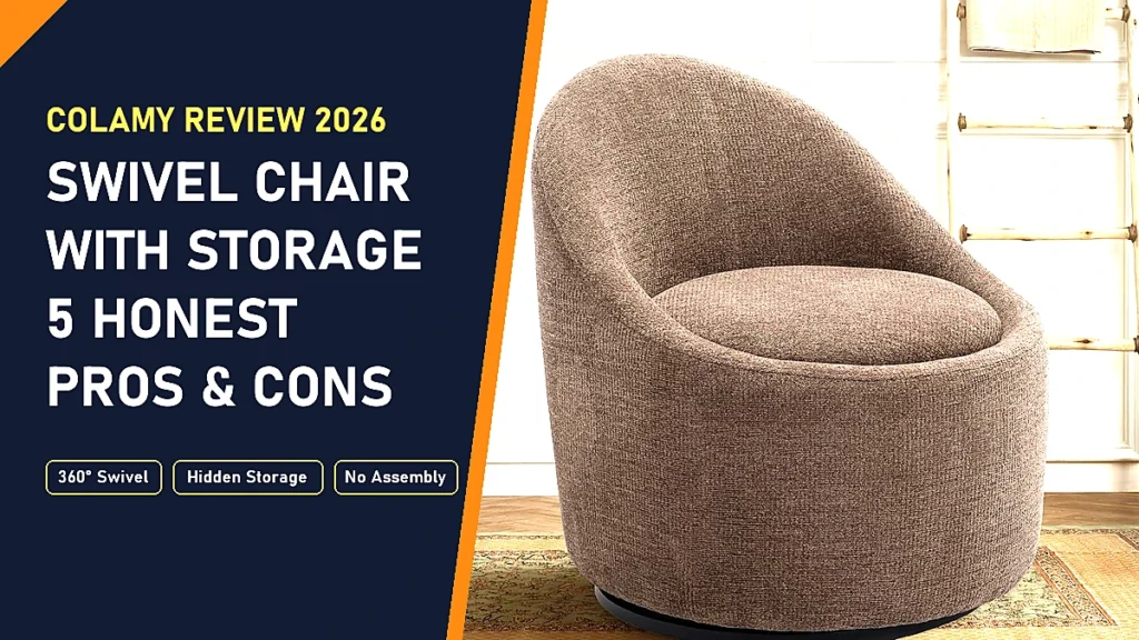 Colamy swivel chair with storage review: brown round barrel swivel chair in a bright living room, 5 honest pros and cons