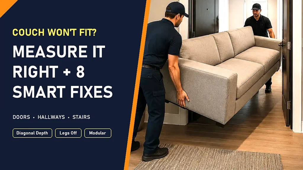 Couch won't fit through the door: two movers carrying a grey sofa through a doorway, measure it right and 8 fixes