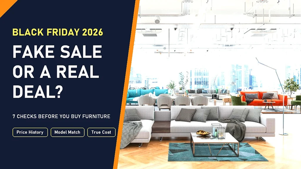 Fake furniture sales: bright furniture showroom with a grey sectional sofa, Black Friday 2026 deal checks