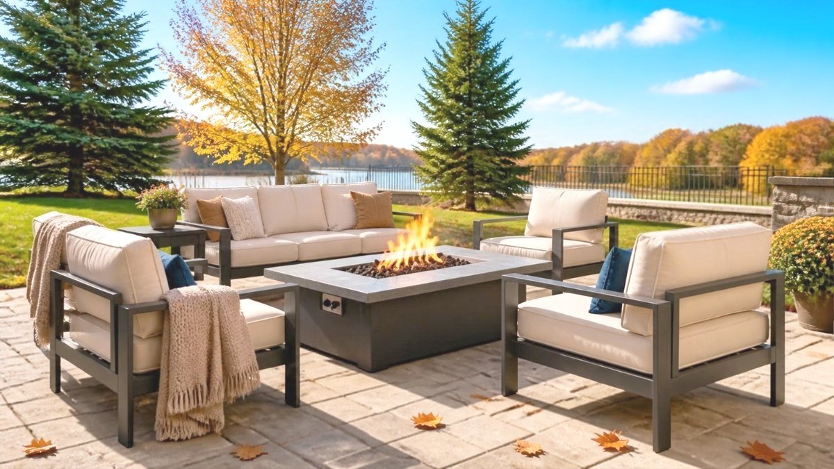 Fall patio conversation set around a propane fire pit table during Black Friday season