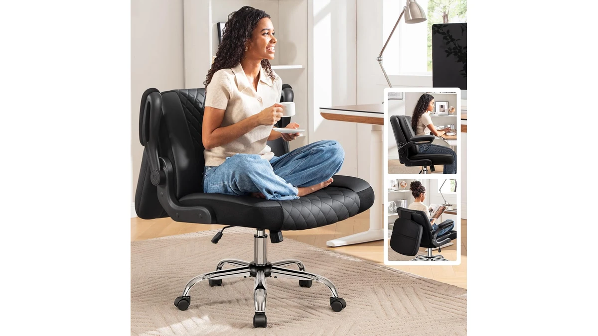 FelixKing criss cross office chair in black PU leather with a wide seat and flip-up arms